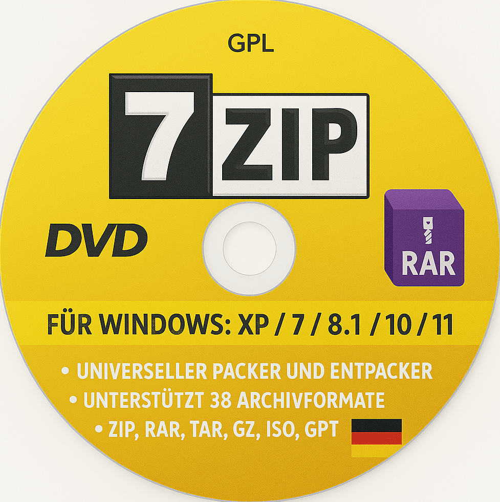 7-Zip DVD für Windows XP bis 11, zeigt RAR-Symbol und deutsche Flagge, unterstützt ZIP, RAR, TAR, ISO, GPT. Offline-Installation für Archivformate.
