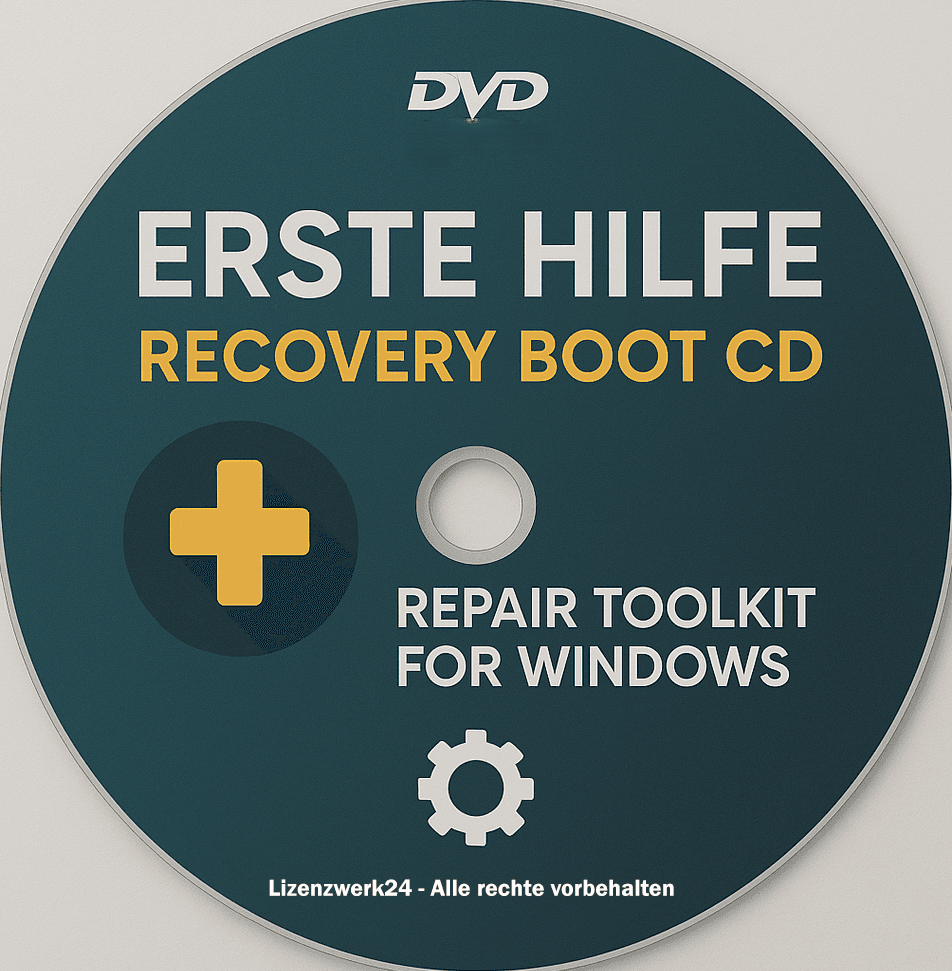 Recovery Boot CD – Reparatur-Toolkit für Windows-Notfälle als beschriftete DVD mit Symbolen für Systemreparatur und Notfallhilfe bei Windows-Ausfällen.