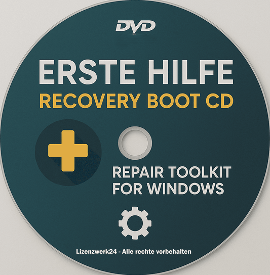 Recovery Boot CD – Reparatur-Toolkit für Windows-Notfälle als beschriftete DVD mit Symbolen für Systemreparatur und Notfallhilfe bei Windows-Ausfällen.