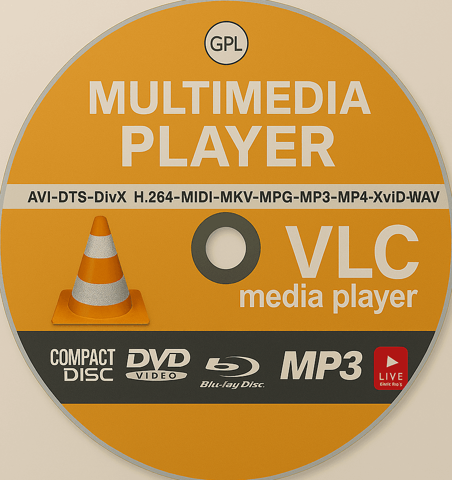 VLC Media Player DVD mit Aufdruck für Offline-Installation auf Windows-PCs, unterstützt Formate wie MP4, MKV, MP3 und mehr.