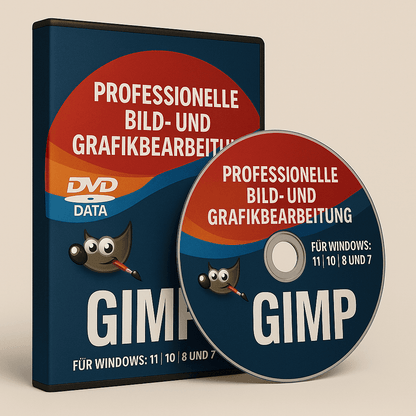 GIMP DVD für Offline-Installation professioneller Bildbearbeitung, kompatibel mit Windows 11, 10, 8 und 7. Inklusive Anleitung und Support.