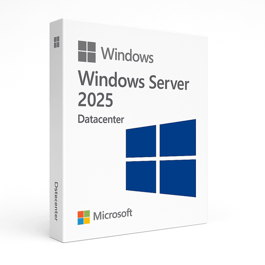 Windows Server 2025 Datacenter Key – Globaler Produktschlüssel in Retail-Box mit Microsoft-Logo, ideal für Virtualisierung und digitale Lizenzierung.
