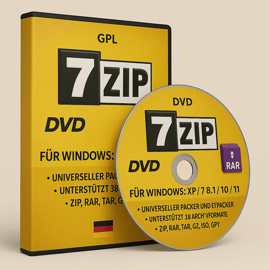 7-Zip DVD – Komprimierung & Entpacken für Windows offline in gelber Hülle mit DVD, unterstützt 38 Archivformate wie ZIP, RAR, 7z. Ideal für Offline-PCs.