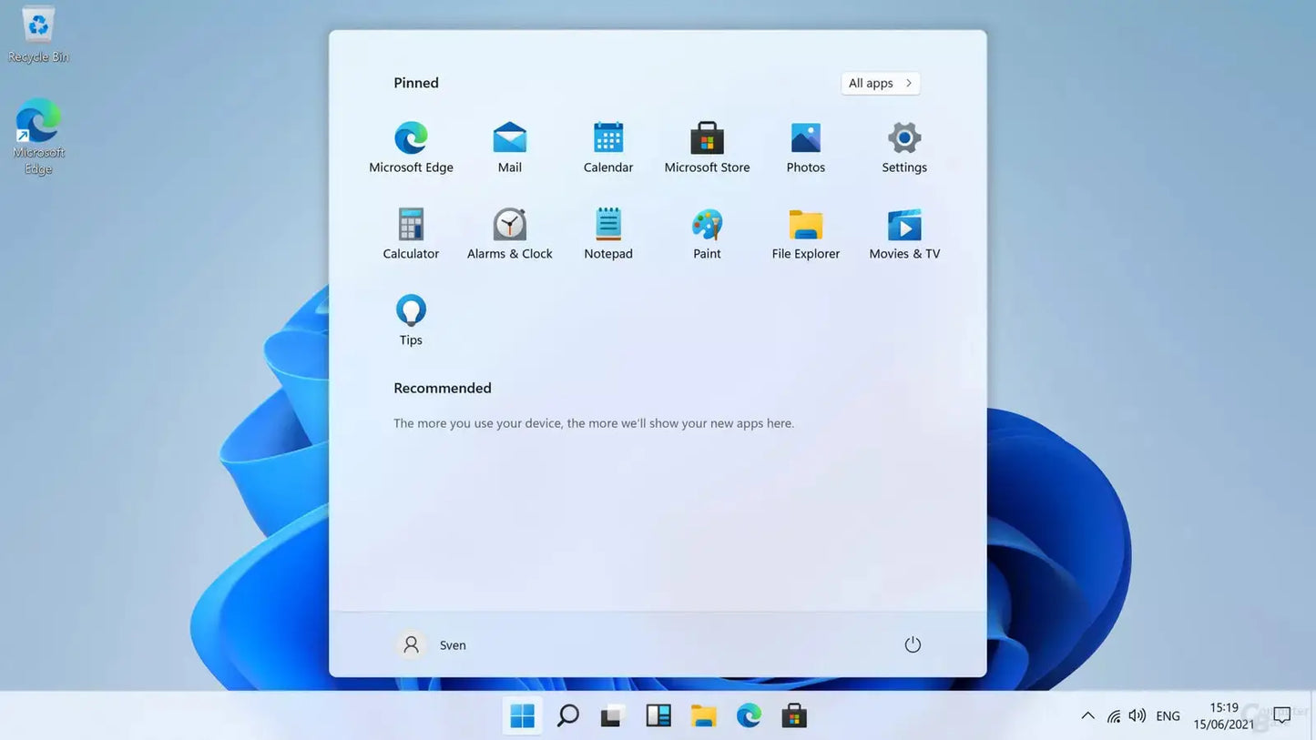 Startmenü von Windows 11 Pro – Benutzeroberfläche nach Aktivierung mit Windows 11 Pro Key, digitaler Sofortversand für 64/32 Bit.